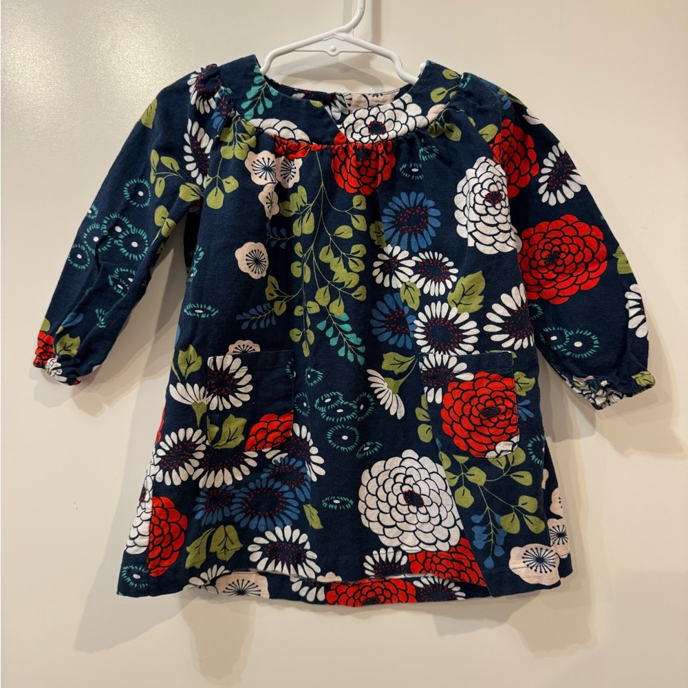 Tea Collection Navy Blue Floral Dress Puff Sleeve Corduroy 18 - 24 months‎ puff